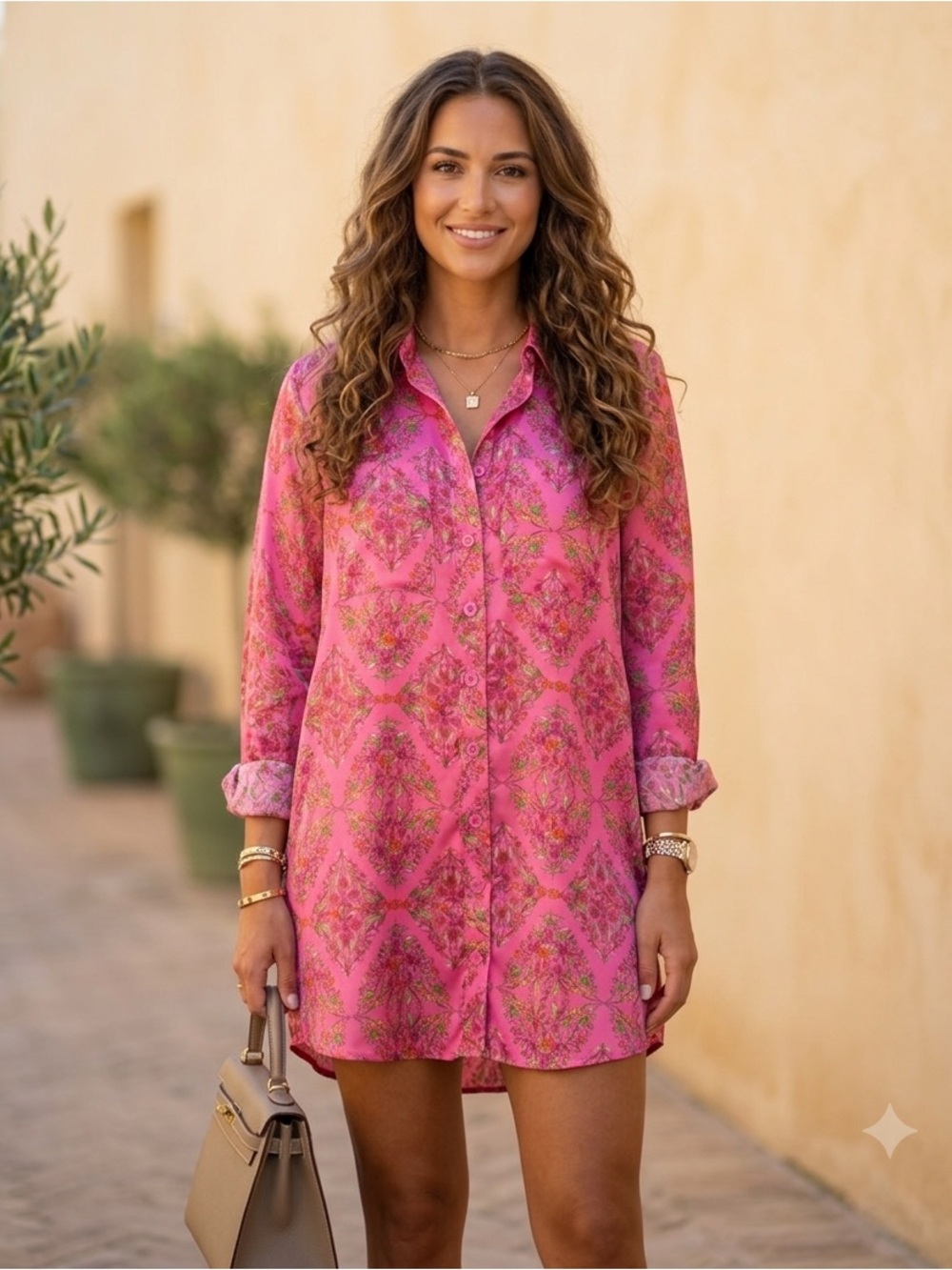 NWT Olivaceous Shirt Dress Pink Floral Boho Satin Long Sleeve  Button-up Small